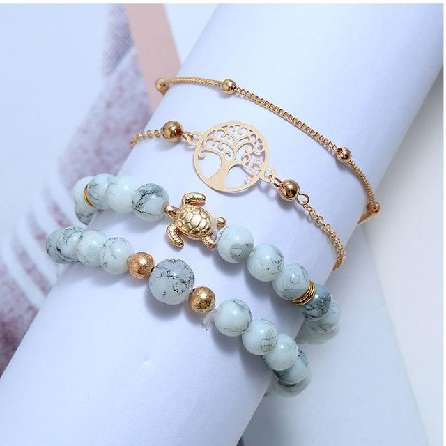 Armband-Set Allbestart, Lebensbaum, Schildkröte, Perlen, Gold, Unisex - Bild 1