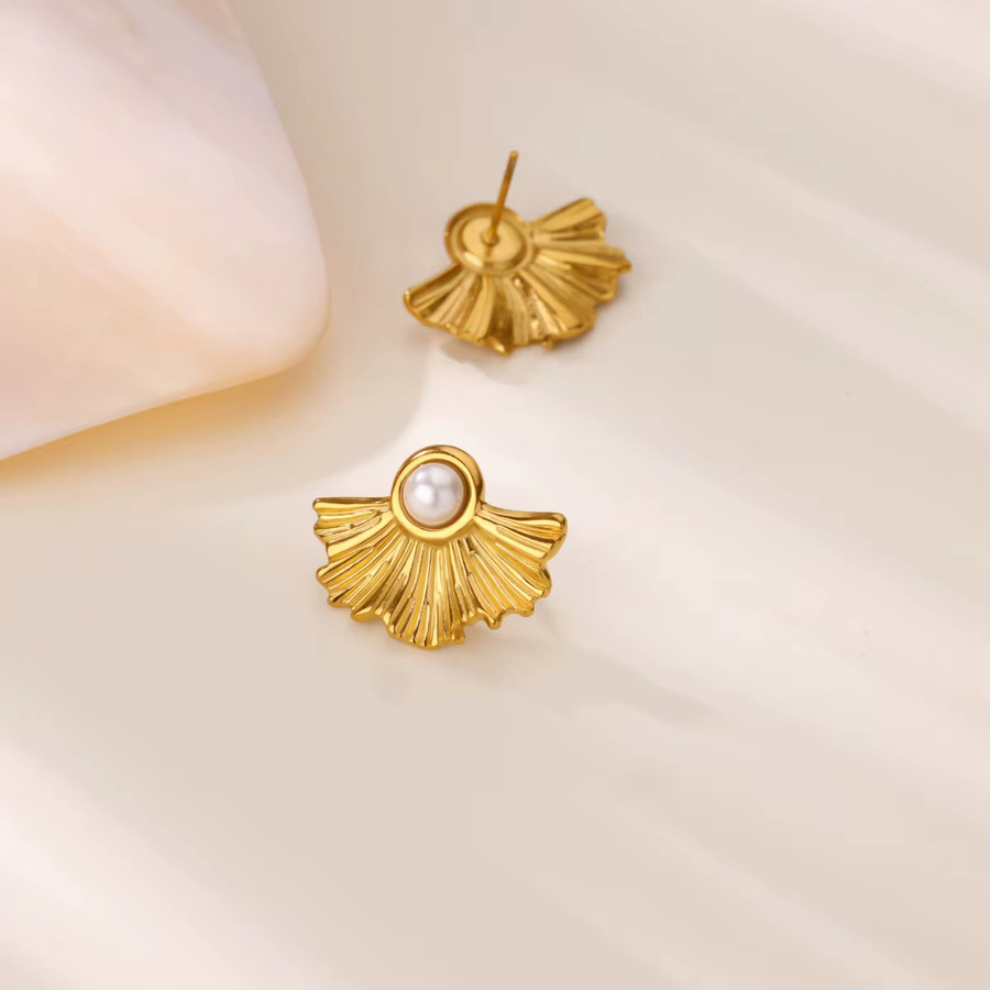 HPTOTMG Ohrringe Ginkgoblatt, Edelstahl, vergoldet, Zirkonia, Perle, Damen - Bild 1