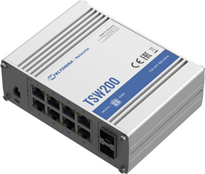 Teltonika TSW200 Unmanaged Switch mit 8 x 10/100/1000 Ethernet-Ports, 2 x Gigabit SFP und PoE+ in Silber, DIN-Schiene und Wandmontage möglich - Bild 1
