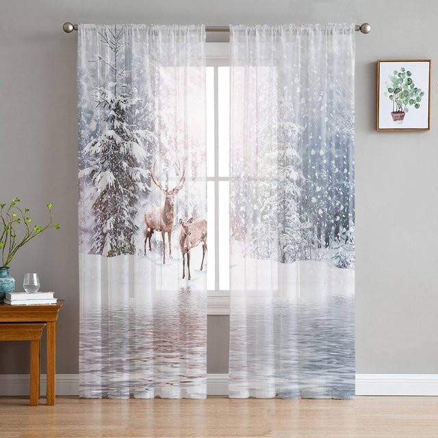 Weihnachten Tüllvorhang mit Wald, Schneeflocken und Rentier Motiv in Weiß und Transparent, Breite: 135 cm, Höhe: 115 cm - Bild 1