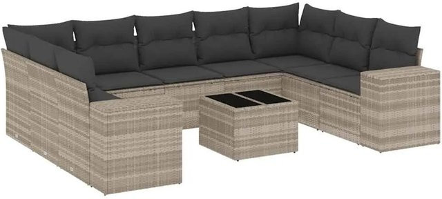 vidaXL 10-tlg. Garten-Sofagarnitur in L-Form aus Polyrattan mit Kissen in Hellgrau - Bild 1