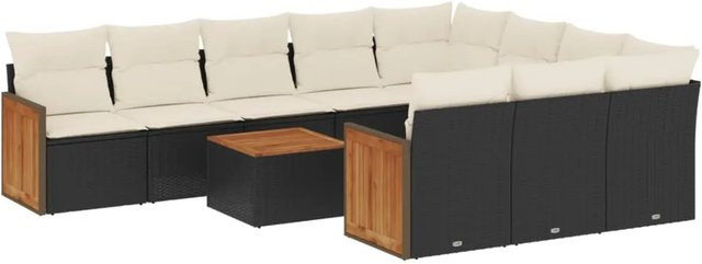 vidaXL 11-teilige Garten-Sofagarnitur aus Poly-Rattan und Akazienholz in Schwarz mit Kissen und Armlehnen - Bild 1