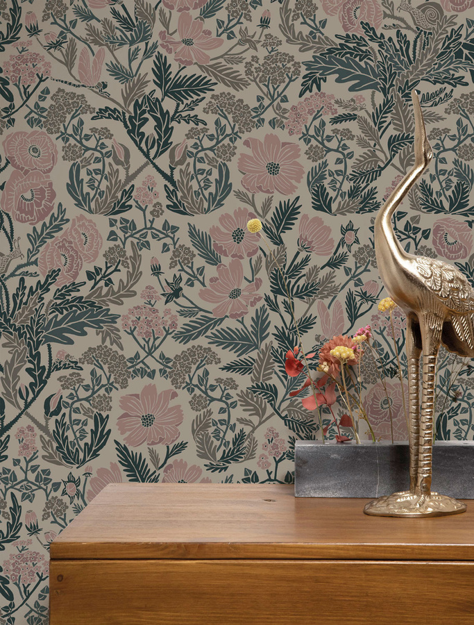 KEK Amsterdam Wandtapete Rieder 2 FR-009 mit floralem Art Nouveau Design in Beige, Braun und Pink, Material: Vlies, Breite: 50 cm, Höhe: 280 cm - Bild 1