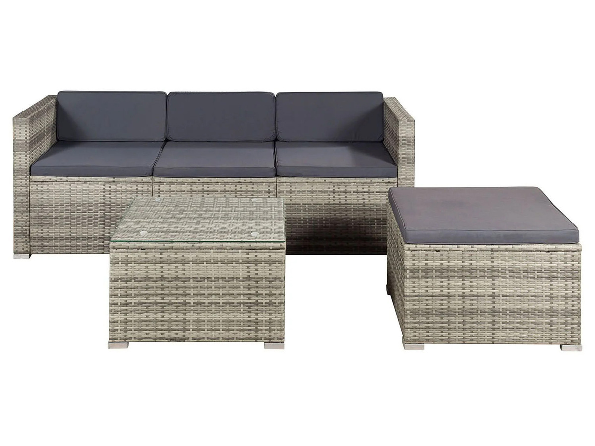 Juskys Polyrattan Gartenlounge Punta Cana M grau-meliert für 3-4 Personen mit Sofa, Tisch und Hocker sowie dunkelgrauen Bezügen - Bild 4