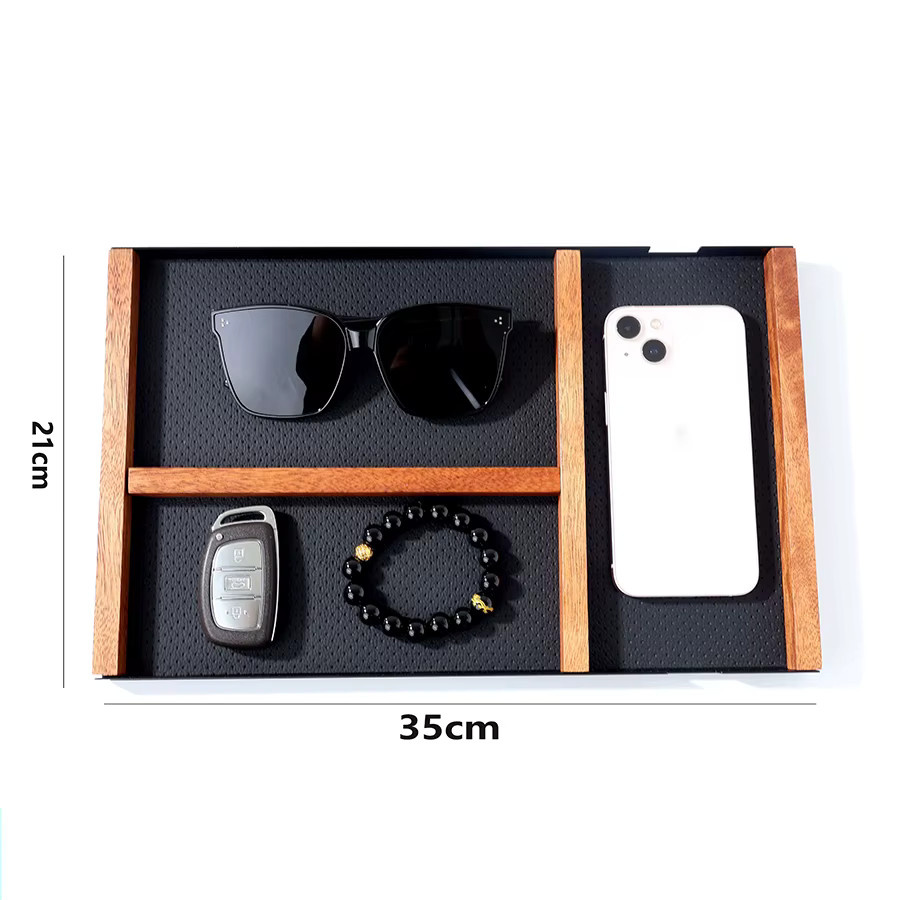 Magnetisches Aufbewahrungstablett aus Holz mit brauner Ledermatte, Schreibtisch-Organizer für Schlüssel, Handy und Schmuck, B/T: 35,0 x 21,0 cm - Bild 5