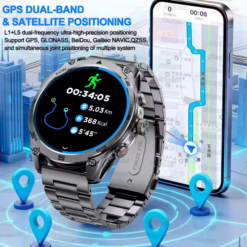GUHUAVMI Smartwatch, GPS, Bluetooth, Edelstahl, Schwarz, Herren - Bild 2