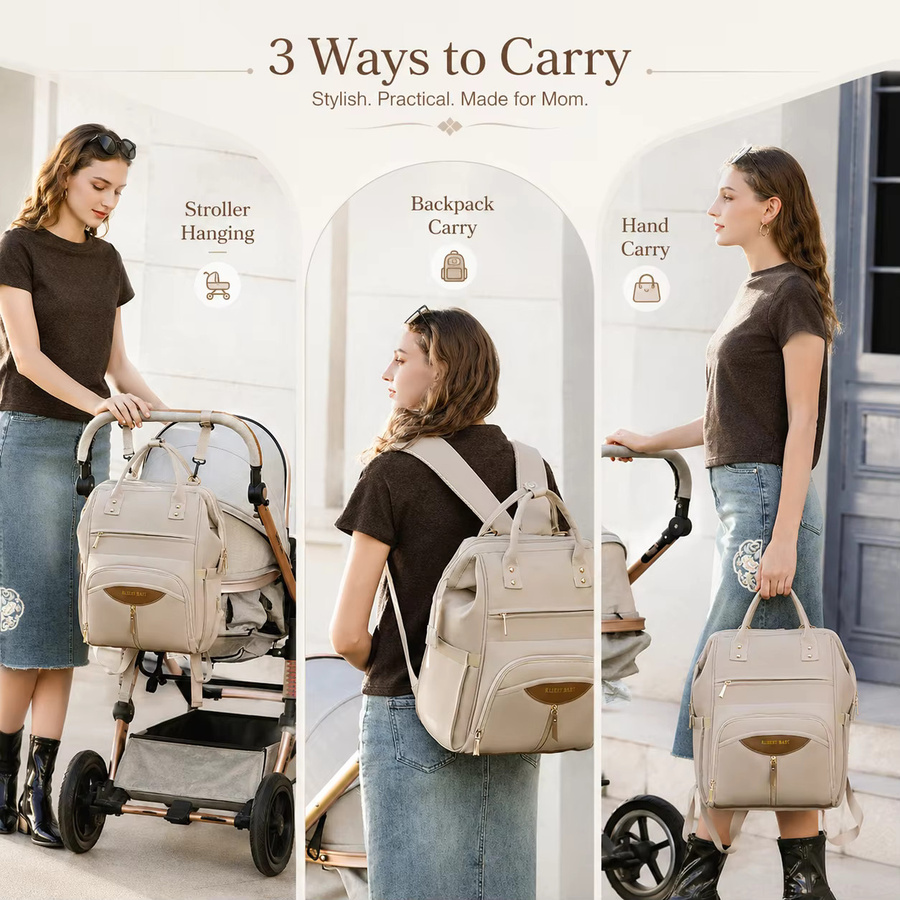 Wasserdichter Mama-Rucksack mit großer Kapazität und unabhängiger Milchaufbewahrung als Wickeltasche und Kinderwagen-Organizer in Schwarz oder Beige - Bild 3