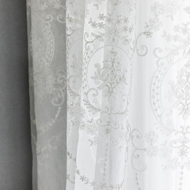 Nuan Serie Bestickter Weißer Tüll Vorhang mit floralem Muster, transparent, B: 150 cm, L: 250 cm - Bild 1
