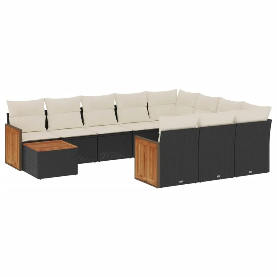 vidaXL 11-tlg Garten-Sofagarnitur in L-Form aus schwarzem Poly-Rattan mit Kissen und Akazienholz - Bild 2