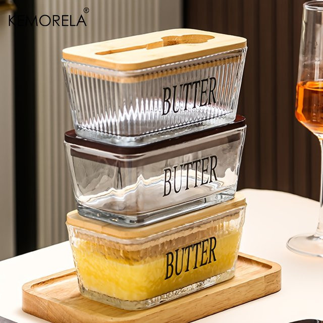 KEMORELA Butterschale aus Glas mit Bambusdeckel und Messer, luftdichter Butter-Aufbewahrungsbehälter, transparent - Bild 1