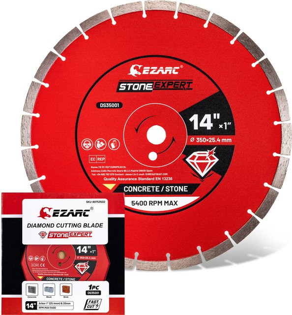 EZARC Diamant-Trennscheibe 350 mm Segmentiertes Beton-Sägeblatt in Rot für Trocken- oder Nassbearbeitung von Beton, Granit, Mauerwerk und Ziegel - Bild 1