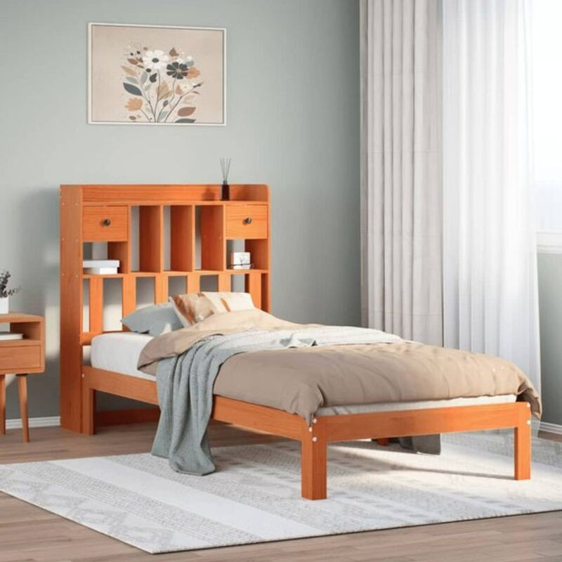 Massivholzbett aus Kiefer mit Regal von vidaxl in Braun, B/T/H: 75 x 190 cm - Bild 1