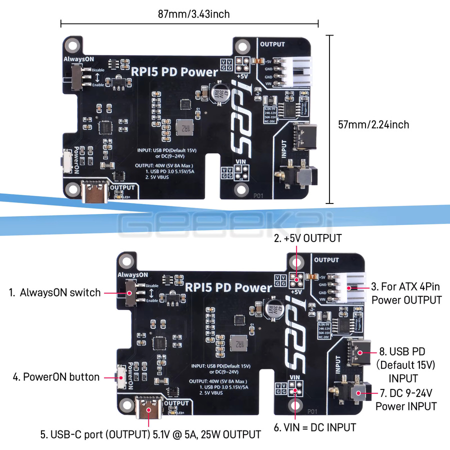 Geeekpi Raspberry Pi 5 PD Power Expansion Board mit Always-On-Schalter in Schwarz - Bild 3