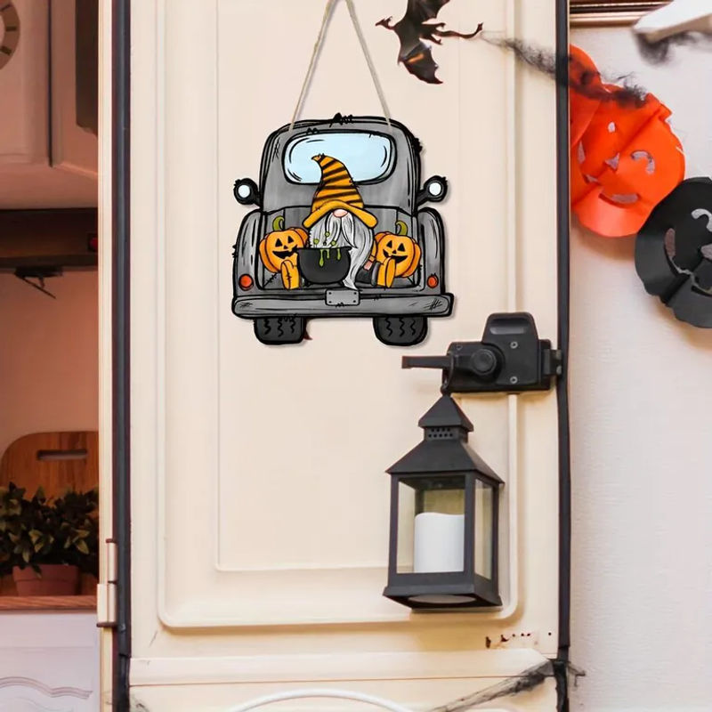 SZ-Damai Halloween Wandbehang aus Holz mit Kürbis-Auto-Motiv, mehrfarbiges Dekorationszubehör für deine Party - Bild 4