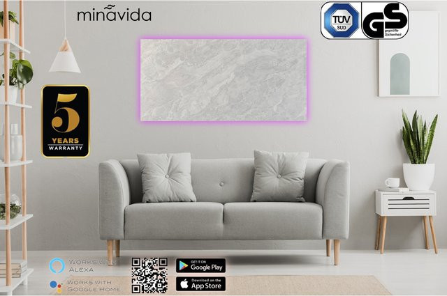 Minavida Infrarot-Wandheizung MV-Serie 500 Watt mit Wifi und RGB Beleuchtung in Weiß aus Glas - Bild 1