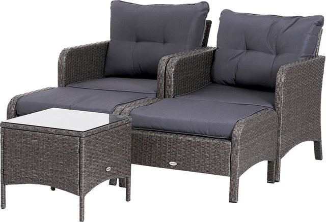 Outsunny L-Shape Gartensitzgruppe in Grau mit Polyrattan, Lounge-Sessel, Ottoman und Couchtisch inklusive Kissen - Bild 1