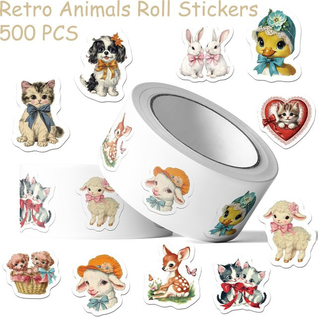 500 Stück Retro-Tier-Aufkleber mit Katzen, Hunden und Schafen in Multicolour für Laptop, Notizbuch und DIY-Projekte - Bild 1