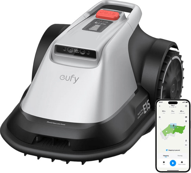 eufy Mähroboter E15 Set für Rasenflächen bis 800 m² inklusive Garage und Solocam Solar 2K S40 - Bild 1