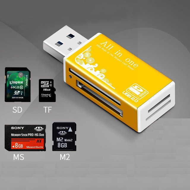 OULLX Speicherkartenadapter aus Legierung mit 4 USB 2.0 Ports für Micro SD, TF, M2, MS, Pro Duo, MMC und SDHC in Gold mit LED-Anzeige - Bild 1