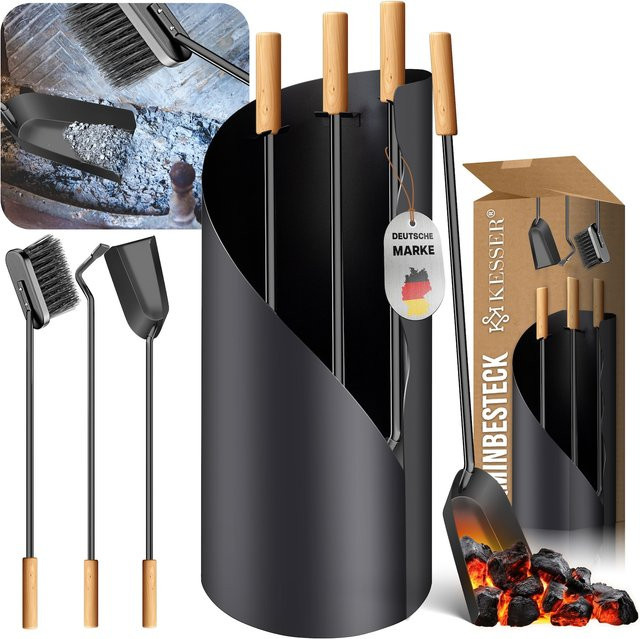 KESSER Kaminbesteck Set 4-teilig in Schwarz mit Edelstahlgriffen inklusive Ständer - Bild 1