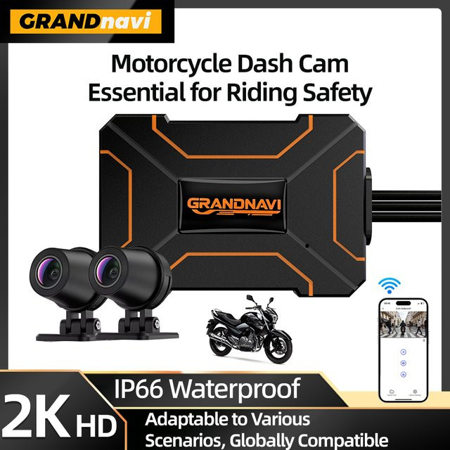 Grandnavi Motorrad Dual-DVR Action-Kamera mit 1080P 2K Auflösung, Vorder- und Rückansicht, Wasserdicht, Nachtsicht und WLAN, Schwarz - Bild 1