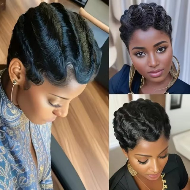 OYM HAIR Pixie-Perücke, Echthaar, schwarz, lockig, kurz, Damen - Bild 1
