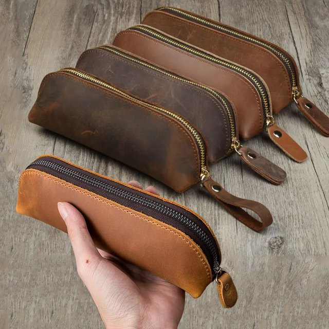 Vintage Leder Schreibwarenbeutel in Braun mit Reißverschluss - Bild 1