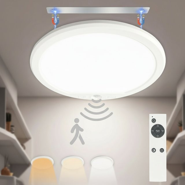 KEBINCPLED LED Deckenleuchte USB aufladbar, weiße runde Aufputzleuchte mit Bewegungssensor, dimmbar und mit Fernbedienung, 3 Farben - Bild 1