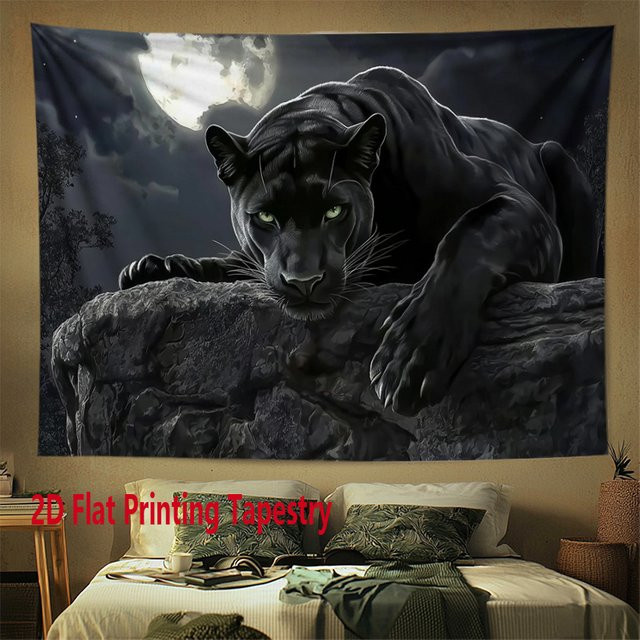 VIKAMA Moonnight Black Panther Wandteppich, Schwarz, Modernes Textil-Hängetuch mit Natur- und Tiermotiv - Bild 1