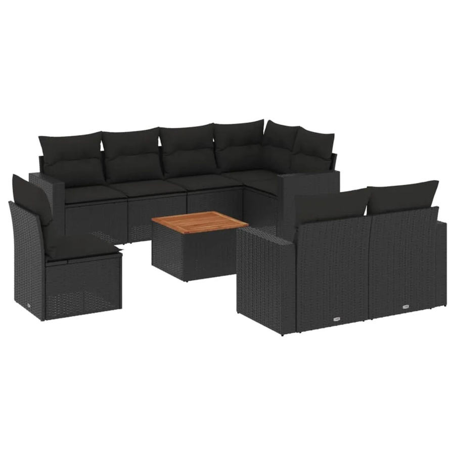 vidaXL 9-tlg. Garten-Sofagarnitur in L-Form aus schwarzem Poly-Rattan mit Kissen und pulverbeschichtetem Stahlgestell - Bild 2