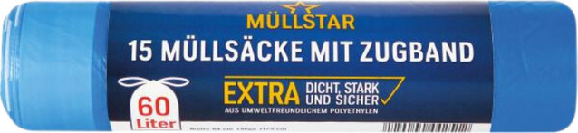 Müllstar Müllsäcke 60 Liter mit Zugband, blau und leicht transparent, 15 Stück - Bild 1