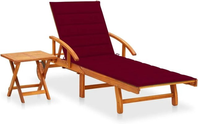 vidaXL Sonnenliege aus Akazie Massivholz mit Tisch und wetterfester Auflage in Weinrot - Bild 1