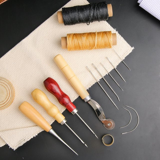 13-teiliges Leder-Nähset in Multicolour für Handtaschen und Schuhe mit Ahle, gewachstem Faden, Nähnadeln und Fingerhut - Bild 1