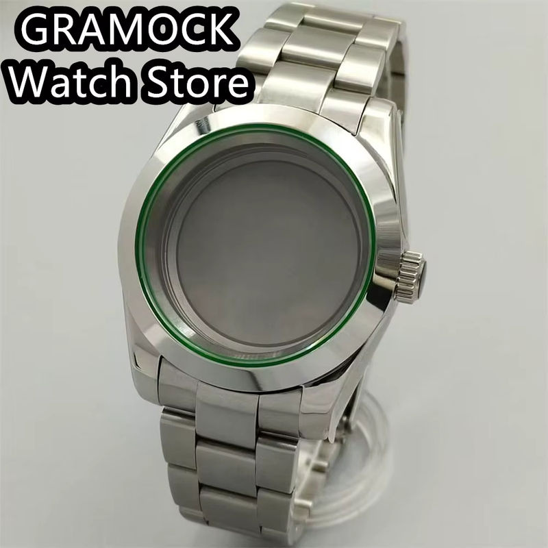 GRAMOCK Uhrengehäuse Edelstahl, silber, grüner Rand, Saphirglas, Unisex - Bild 2