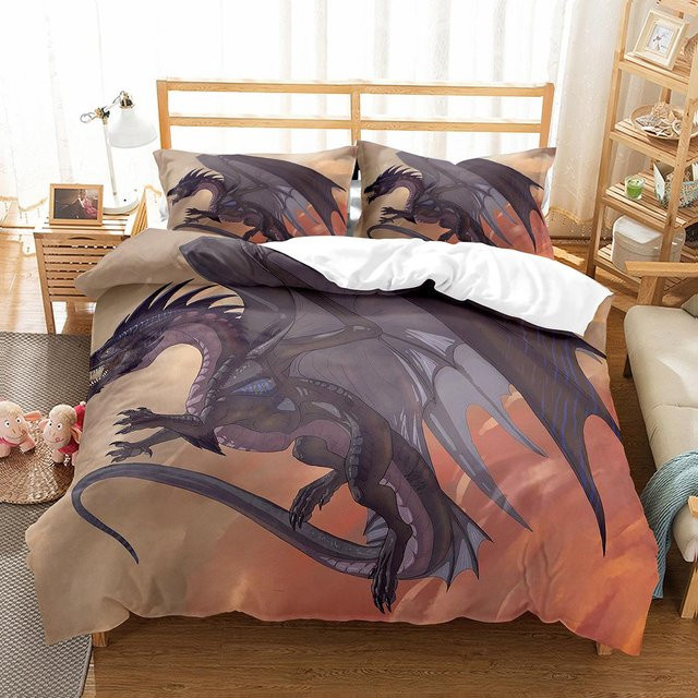 Bettwäsche-Set mit Cartoon Drachen Motiv von Binchi Outdoor Product, mehrfarbig, bestehend aus Bettdeckenbezug und Kissenbezug, B/H: 135 x 200 cm - Bild 1