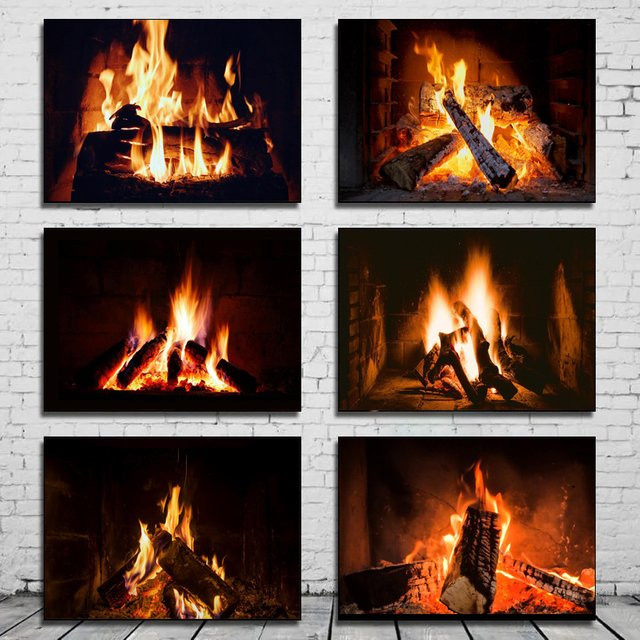 Potdemiel Leinwandmalerei Retro abstrakte Kamin Holz Flamme Feuer Kunstbilder Wanddekoration Mehrfarbig - Bild 1