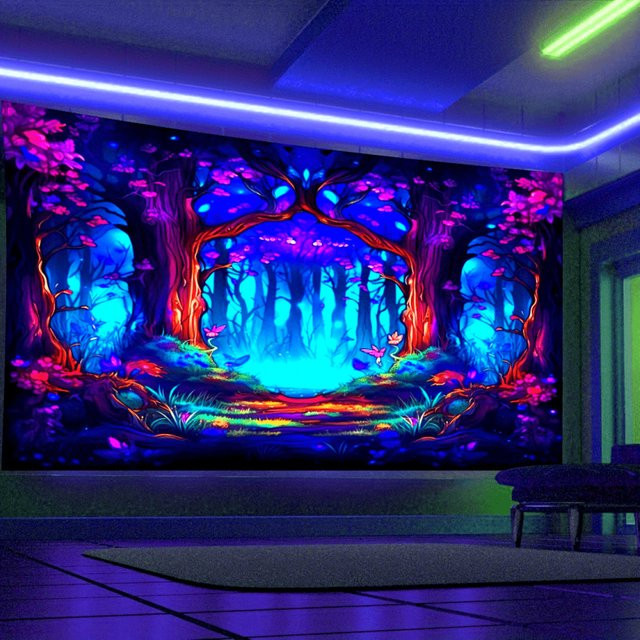 VIKAMA Wandteppich mit fluoreszierendem magischem Waldmotiv im Cyberpunk-Stil, Mehrfarbig, Breite: 60 cm, Höhe: 40 cm - Bild 1