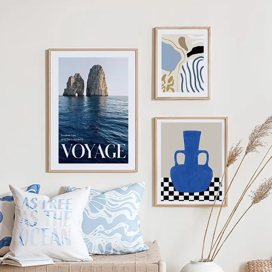 Potdemiel Abstrakte Leinwandmalerei Blau mit Blumen und Vase als modernes Wandbild für dein Wohnzimmer - Bild 4