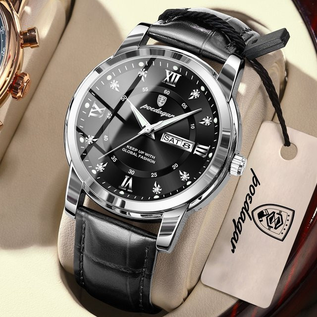 POEDAGAR Armbanduhr Quarz, Leder, Schwarz, Silber, Herren, Datum, Wochentag - Bild 1