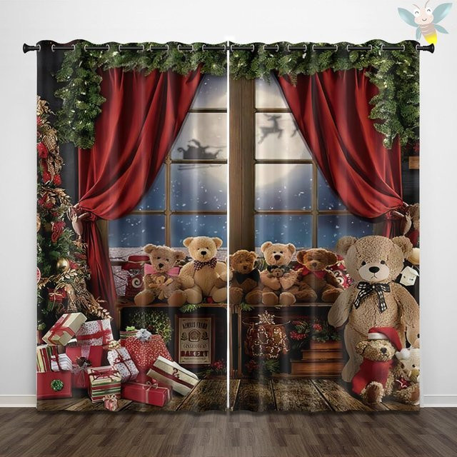 2er-Set Weihnachts-Vorhänge mit Weihnachtsmann-Muster in Grau, halbtransparent, B: 140 cm, H: 160 cm - Bild 1