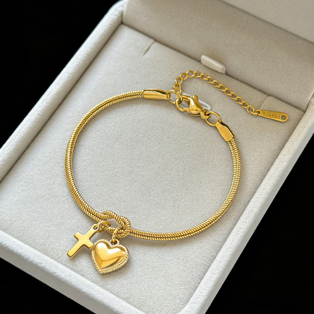 Cazador Armband, Edelstahl, Goldfarben, Jesus-Kreuz Herz-Charm, Damen - Bild 1