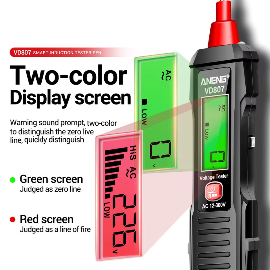 Gaqqee Intelligenter Spannungsdetektor mit digitalem Dual-Farbe-Display für AC 12-300V in Rot - Bild 3