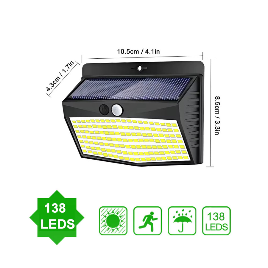 Solarleuchten für Außen mit 138 LEDs und Bewegungssensor, IP65 wasserdichte Solar-Wandleuchten in Schwarz für den Garten - Bild 7