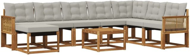vidaXL Outdoor-Sofagarnitur aus massivem Akazienholz mit Textilene und Kissen in Natur und Hellgrau - Bild 1