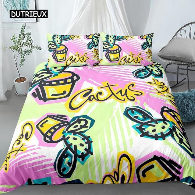 Bettwäsche Set mit Kaktus-Motiv von Jinmeige, Feigenkaktus und Sukkulenten Design, Mehrfarbig, Material Polyester, B/H: 135 x 200 cm - Bild 1