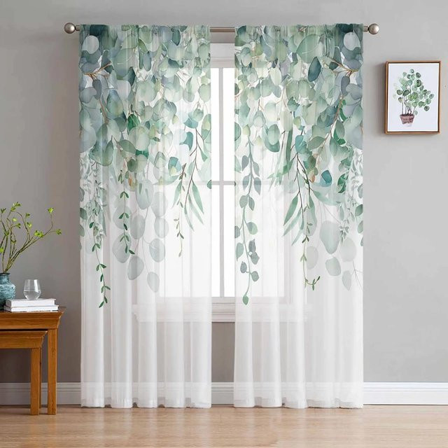 Yiran Furniture Chiffon-Vorhang mit Rattanblatt-Design in Weiß, transparentes Voile aus Polyester, Breite: 135 cm, Höhe: 185 cm - Bild 1