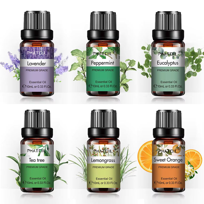 PHATOIL 6-teiliges Set ätherische Öle für Diffusor-Kerzen, 10 ml pro Flasche, Lavendel, Eukalyptus, Pfefferminze, Teebaum, süße Orange und Zitronengras, Glas, mehrfarbig - Bild 2