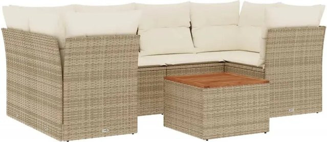 vidaXL 7-teilige Garten-Sofagarnitur aus Poly-Rattan und Akazienholz in Beige-Creme mit Kissen - Bild 1