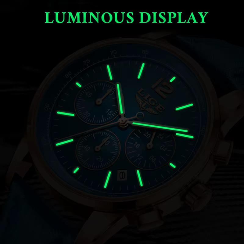 LIGE Armbanduhr Chronograph, Quarz, Leder, Blau, Roségold, Herren - Bild 5