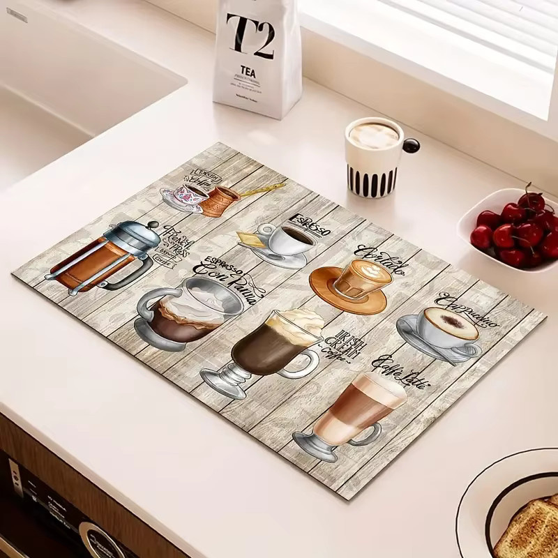 VIKAMA Vintage Küchenmatte mit Kaffeemotiv in Multicolour, saugfähig und schnell trocknend mit Holzmaserung-Design - Bild 4